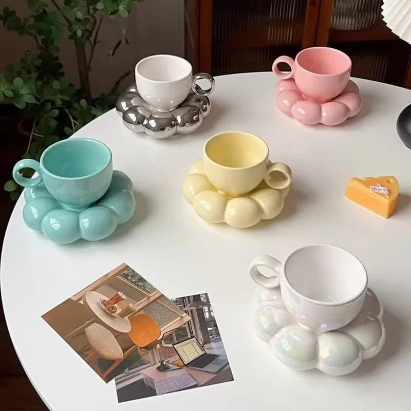 Ceramic Sunflower Mug Set Creative Cloud Coffee Cup Cute Saucer Exquisite Afternoon Tea Cup Office Drink