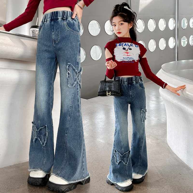 Girls' flared jeans autumn and winter 2025 new casual trousers for older girls autumn fashionable children's wide-leg pants