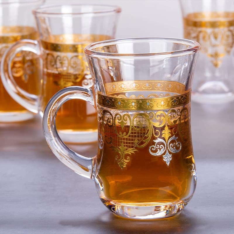 Cross-border New Creative Coffee Cup with Handle, In Stock, High Temperature Resistant Transparent Golden Flower Glass Water Cup, Latte Cup