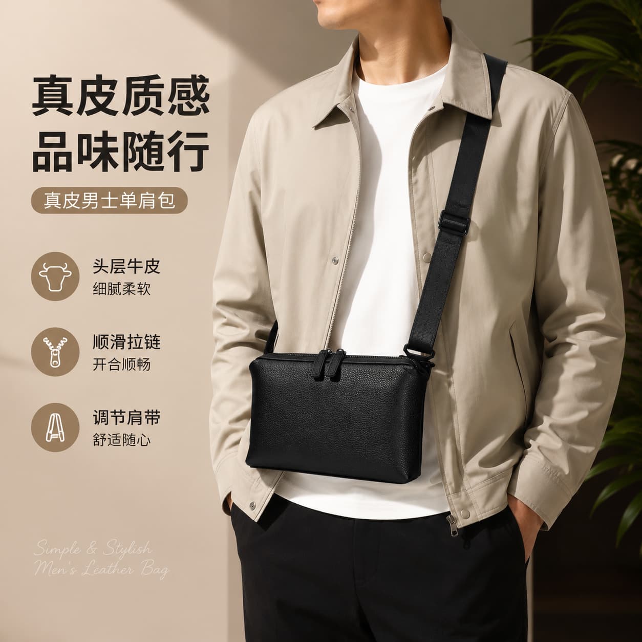 Fashionable and versatile genuine leather men's shoulder bag, casual horizontal style, commuting small shoulder bag, high-end trendy shoulder bag