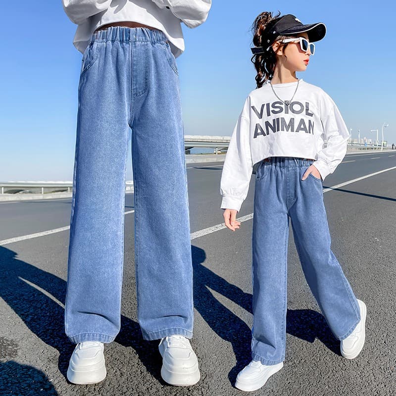 Girls' Straight-Leg Jeans, Spring/Autumn Style, Fashionable Little Girl's Big Kids' Loose Casual Children's Wide-Leg Pants