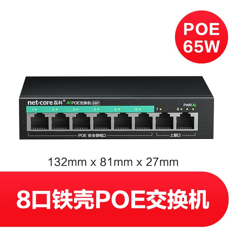 Netcore Fast Ethernet POE Switch 8-Port Splitter for Surveillance Cameras with Lightning Protection, AI Smart Watchdog, Steel Housing