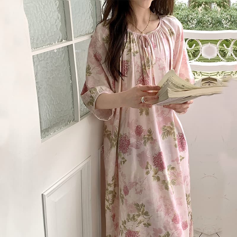 Short-Sleeved Nightdress Women's Spring and Autumn Summer Thin Silk Beach Dress Pajamas Summer Women's Cotton Silk Plus Size Home Clothes
