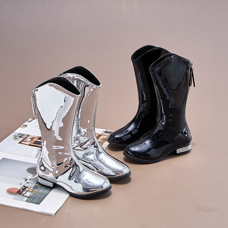 Silver and Black Chunky Low-Heeled Long Boots, Martin Boots for Model Shows, Dance Competitions, Student Runway Shows, Suitable for Older Girls