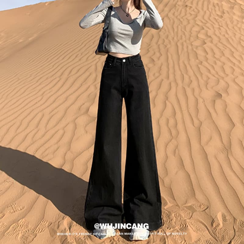 Black wide-leg jeans for women 2026 summer new style high-waisted, loose, slimming, non-leg-fitting, floor-length pants with flares