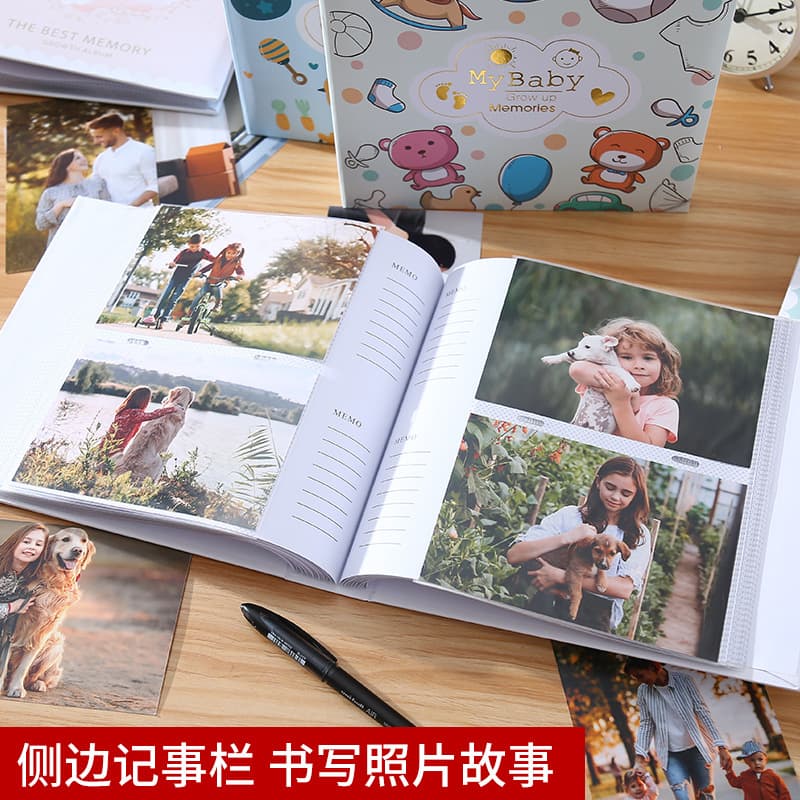 Handwritten 6-Inch 200-Sheet Album with Flat Back Paper Core, Pocket-Style Family Baby Growth Photo Storage Scrapbook