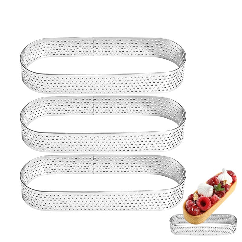 430 stainless steel perforated oval tart rings, perforated tart rings, cake tart rings with holes, mousse ring molds.