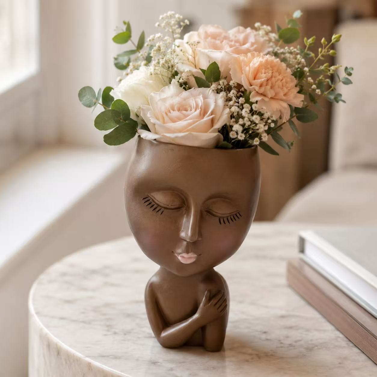 Wabi-Sabi Dark Brown Portrait Sculpture Vase, Long Eyelashes Closed-Eyes Girl Desktop Creative Flower Arrangement Ornament