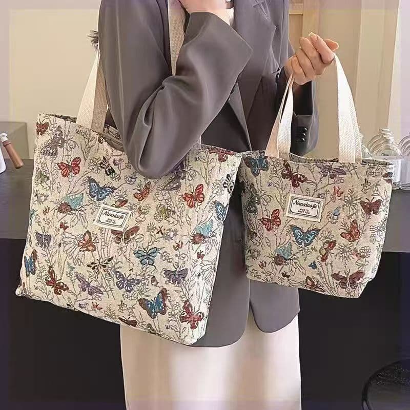Large Capacity Butterfly Print Canvas Bag 2025 New Single Shoulder Tote Bag Women's Commuter Handbag