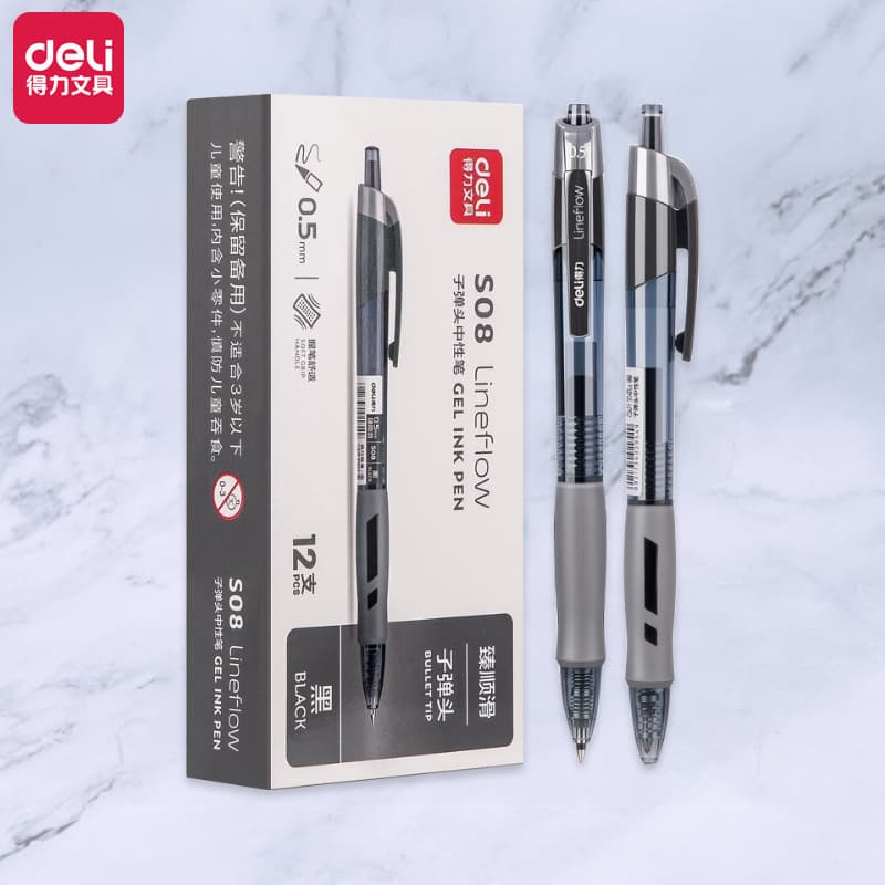 Deli Retractable Gel Pens, Student Bullet Tip Exam Pens, Black Ink Pens, Office Signature Pens, Stationery Supplies Wholesale