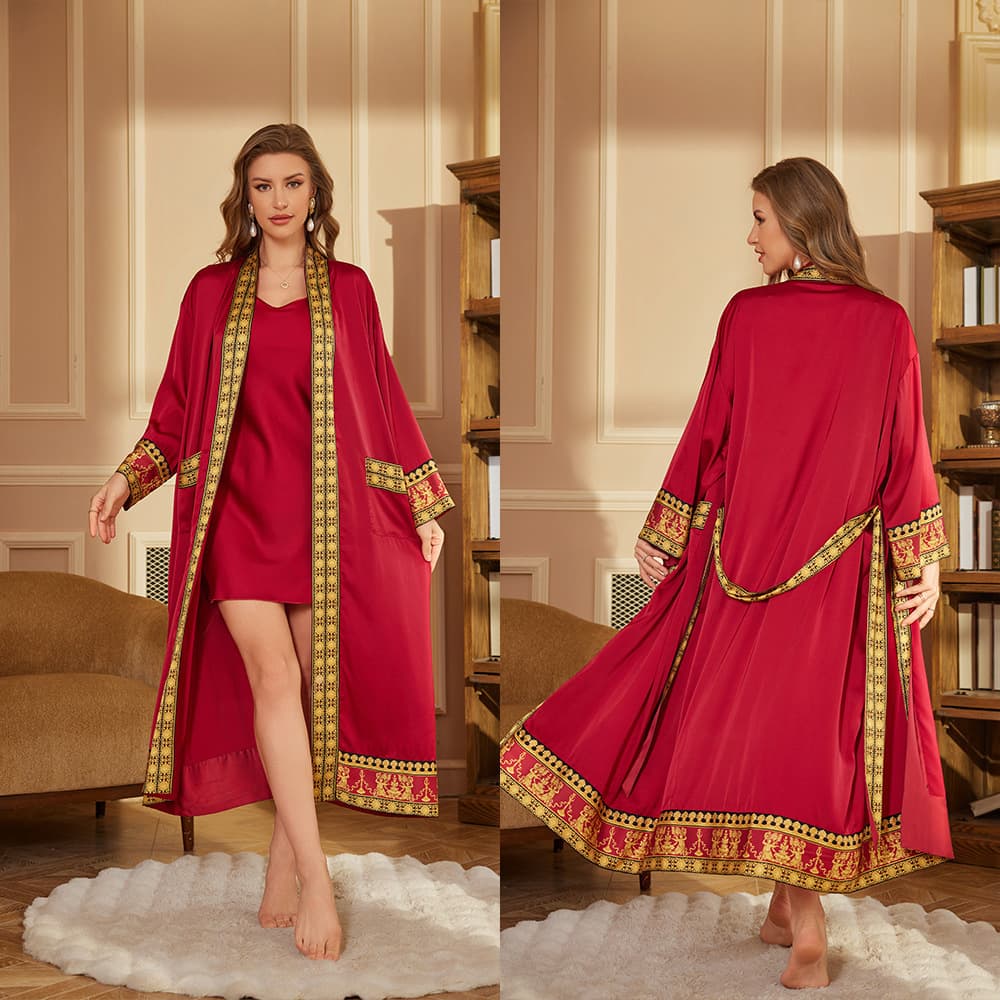 New Cross-Border Baroque Couple Bathrobe Long Sleeve Long Robe Morning Robe Luxurious Satin Bathrobe WP3403