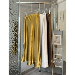 【Jun】Champagne Gold Satin Skirt Metallic Luster Draped High Waist Midi Skirt Soft Women