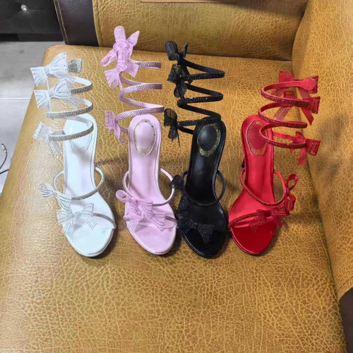 2025 New European and American Style Women's Sandals with Bowknot, One-Strap Rhinestone Round Toe Open-Toe High Heels, Thin Heel, Plus Size Shoes