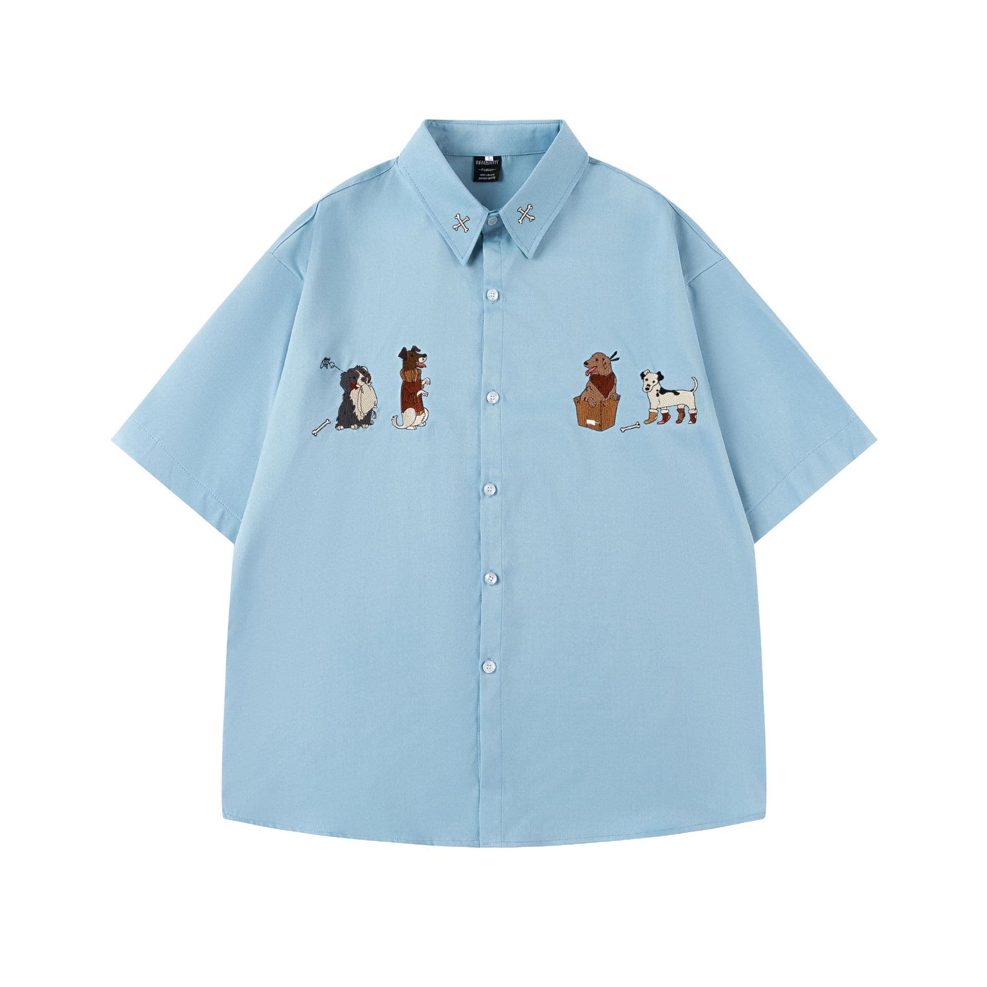 American Retro Fun Cartoon Dog Embroidered Short Sleeve Shirt for Men, Loose Casual Versatile Couple Shirt for Summer