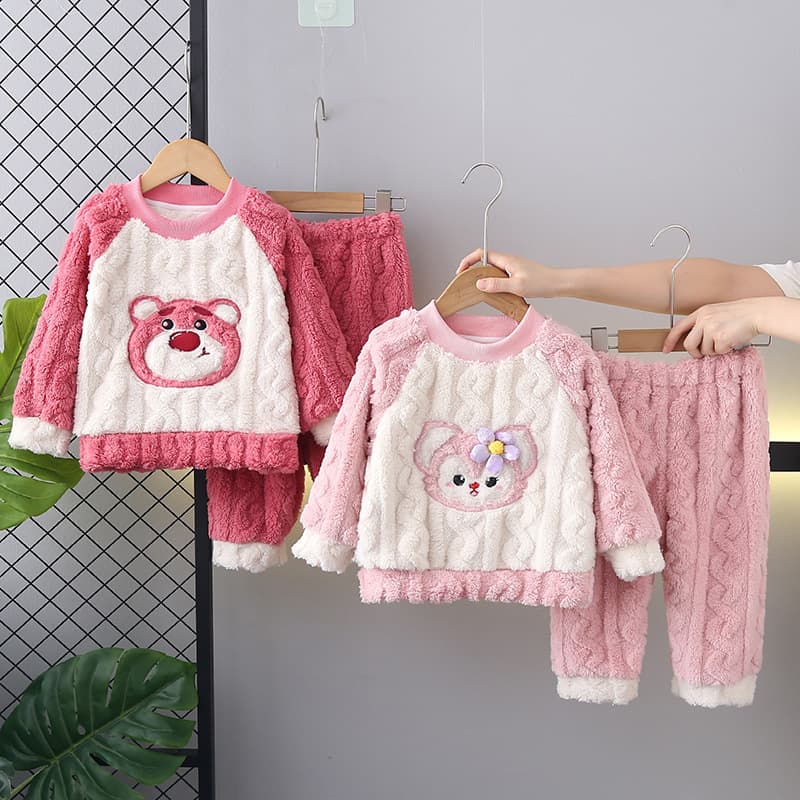 Baby Girl Autumn Winter Pajama Set 2024 New Style Kids Fashionable Cartoon Round Neck Thickened Homewear Two-Piece Set