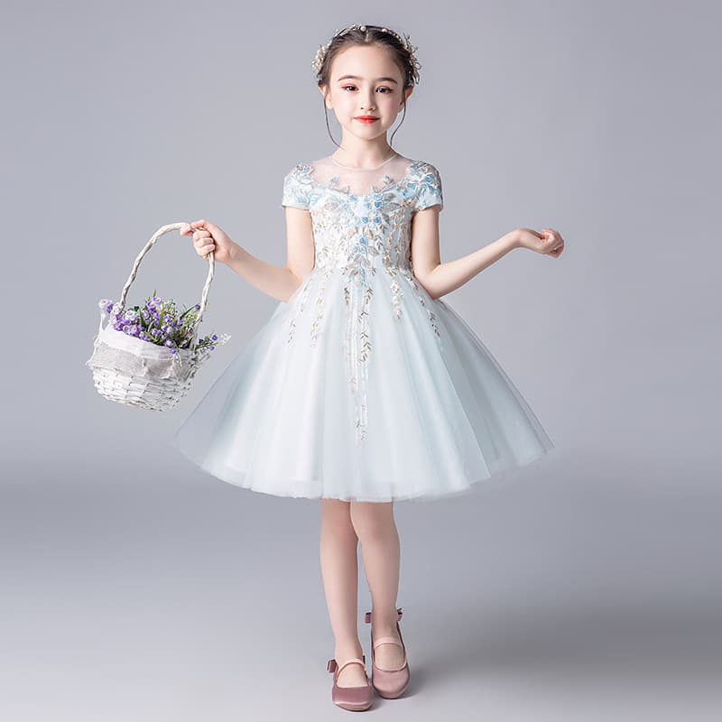 Children's light blue dress princess dress girl's fluffy gauze flower girl piano performance costume host catwalk fashion style
