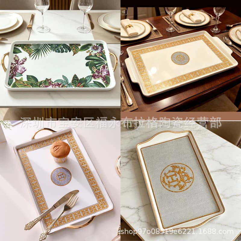 European Style Ceramic Rectangular Tray Tea Tray Fruit Plate Shaped European Tea Set Teapot Club Tray Water Cup Plate Storage Tray