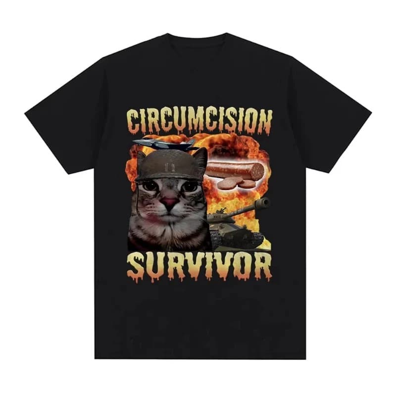 Circumcision Survivor Funny Cat Meme T-Shirt Men Women Retro T-Shirt Casual Cotton Short Sleeve Summer Pure