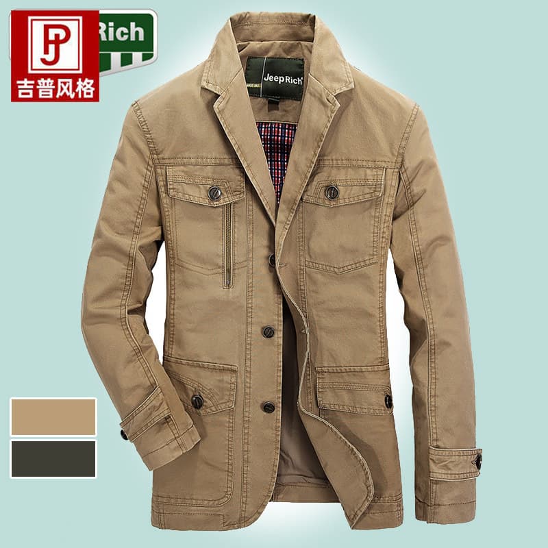 JP New Men's Cotton Casual Blazer Jacket with Multiple Pockets Loose Fit Washed Outerwear 8288