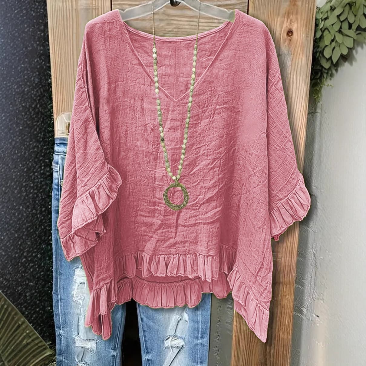 Cross-Border 2026 Summer New Style Polyester-Cotton Solid Color Loose Ruffled Hem V-Neck Short-Sleeve Women's Top T-Shirt