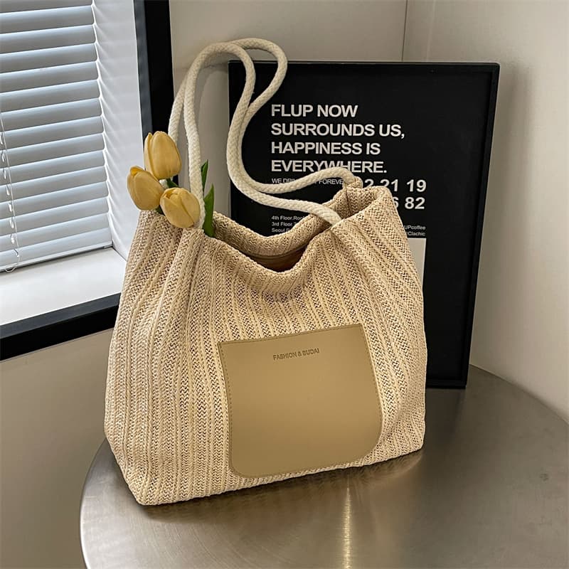 Ins Retro Woven Tote Bag Holiday Style Straw Bag Shoulder Bag Large Capacity Shopping Bag Trendy Contrast Color Beach Bag