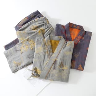 Men's Kimono Pajama Set Yarn-Dyed Jacquard Cotton Japanese Four Seasons Thin Sweat Suit Long Sleeve Long Pants Homewear