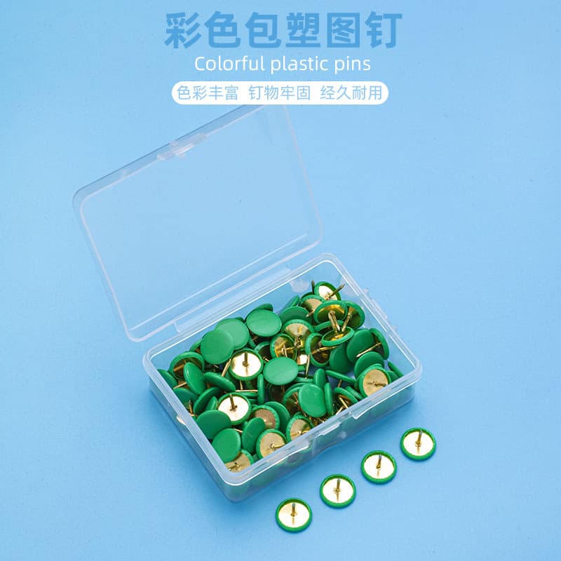 Factory Color-Coated Plastic Push Pins 100-Piece Box Set, Flat Head Thumb Tacks for Cork Board, Art Drawing, and Painting