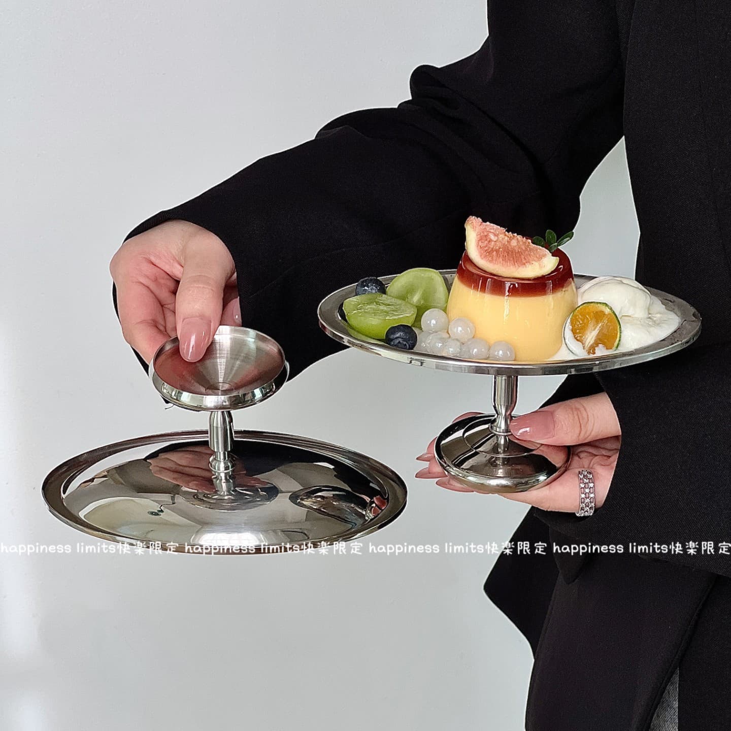Vintage Stainless Steel Oval Pedestal Plate Afternoon Tea Dessert Pudding Plate Cake Pedestal Cup Fruit Tray