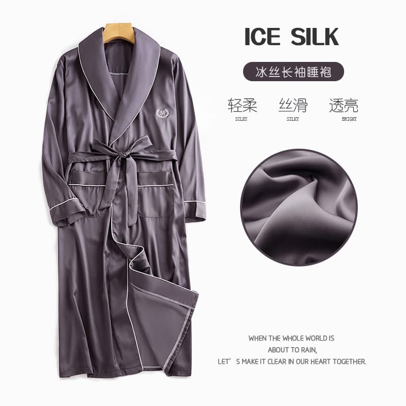 Men's New Spring and Autumn Thin Silk Long-Sleeved Nightgown Mid-Length Bathrobe Ice Silk Cardigan Homewear Pajamas