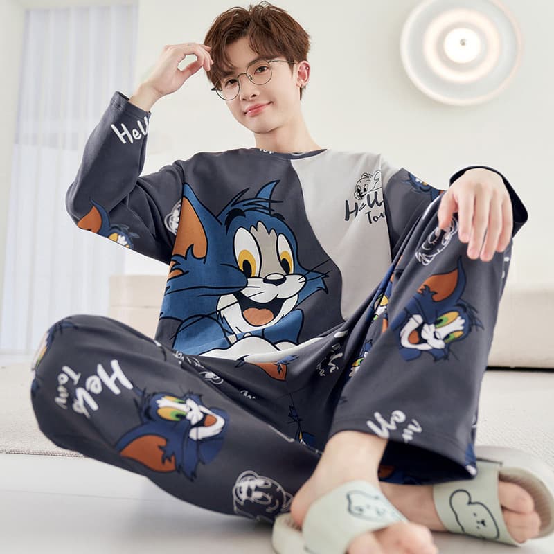 Spring and autumn youth men's pajamas long-sleeved trousers simple plus size loose round neck two-piece suit home clothes