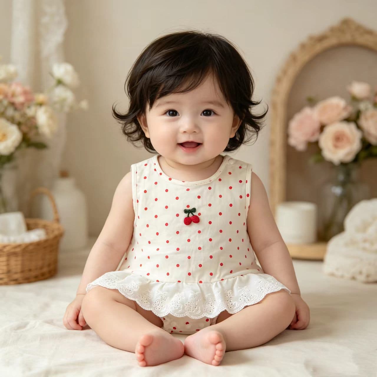Summer Baby Girl Bodysuit New Sleeveless Infant Sweet Polka Dot Korean Style Trendy Fashionable Outing Romper