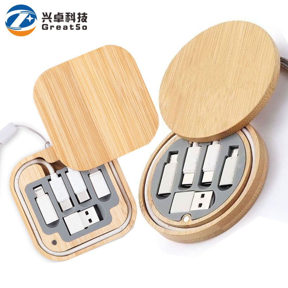 Eco-friendly bamboo 6-in-1 fast charging cable organizer box, biodegradable 60W data cable