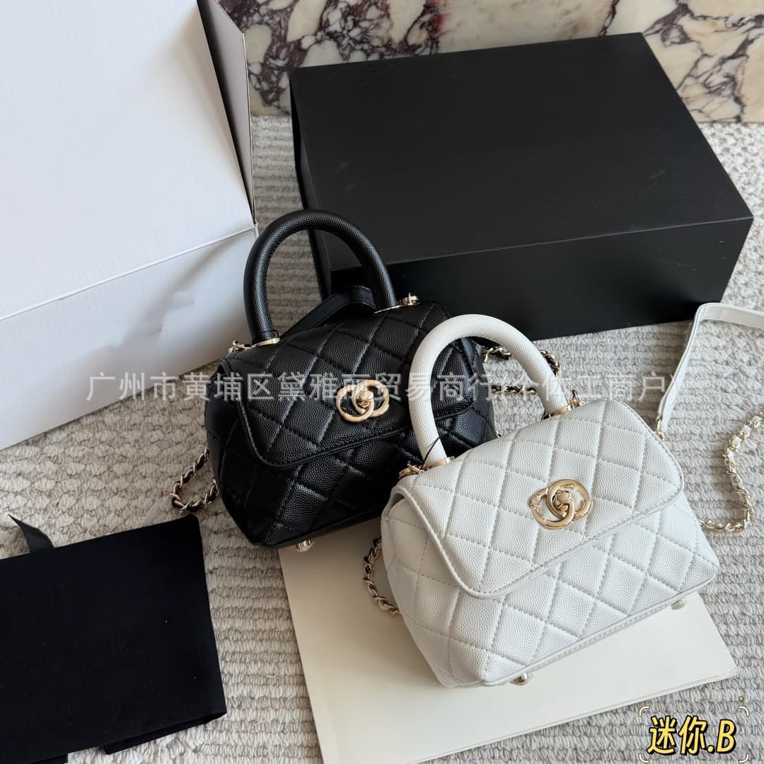 Small Fragrance Style Genuine Leather Mini Coco Handle Quilted Handbag Fashion Versatile Shoulder Crossbody Chain Small Bag