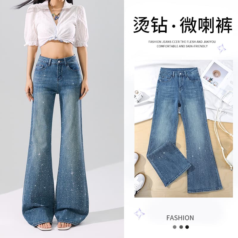 Starry Sky Rhinestone Sparkle New Non-Stick Flared Jeans for Women Soft Comfortable Loose Bell-Bottom Pants Pattern Cotton