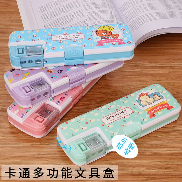 Pinyou Children's Cartoon Pencil Case Creative Double-Open with Sharpener Cute Student Stationery Pencil Box
