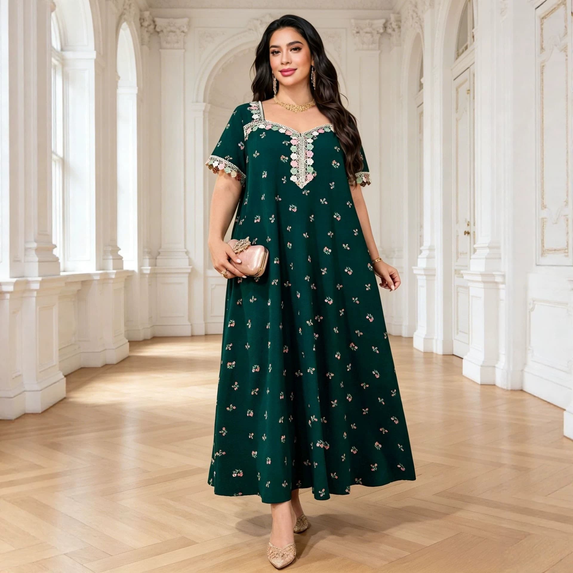 Cross-Border Hot-Selling Plus-Size Women's Clothing, New Short-Sleeve Heavy Embroidery Floral Robe, Loose Fit, Flattering, Elegant Plus-Size Dress