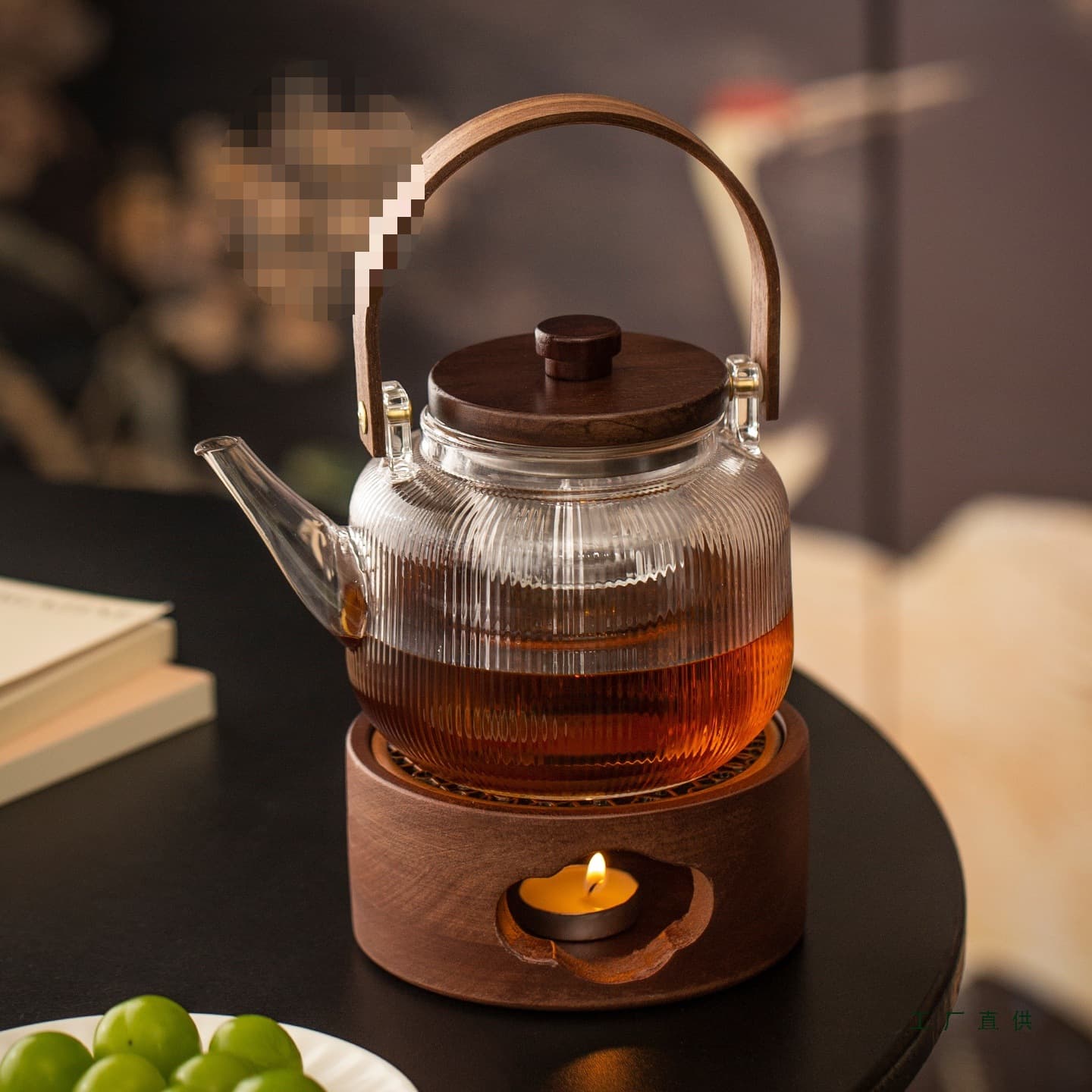 Walnut tea warmer with candle heating base, flower tea set for afternoon tea, herbal and fruit teapot