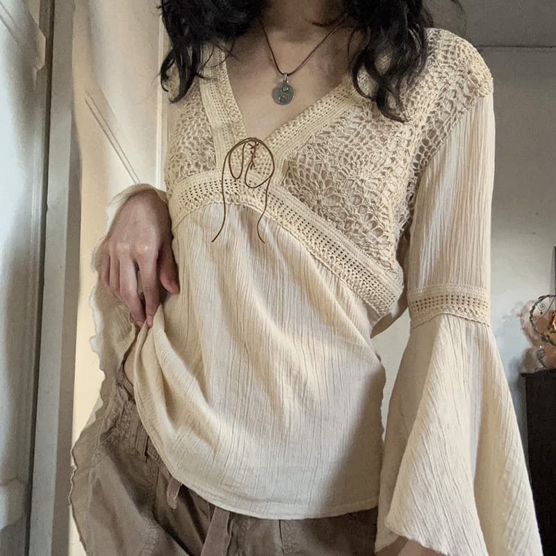 European and American Fashion Casual Style Jacquard Mesh Lotus Leaf Sleeve Shirt Women's New Versatile V Neck Lace-Up Loose Top