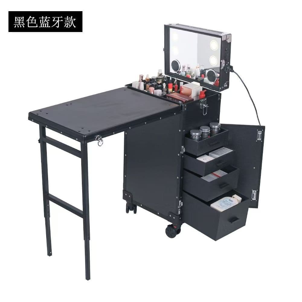 Professional manicure box with light, large capacity storage makeup box, foldable side table, universal wheels, portable and mobile