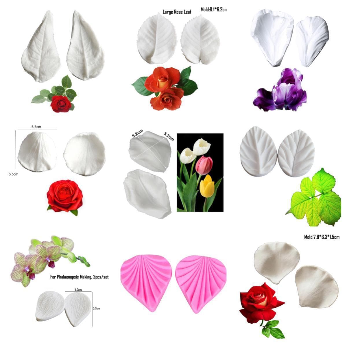 DIY Petal Leaf Mold Tulip Phalaenopsis Rose Clamp Mold Pressed Flower Fondant Gum Paste Flower Silicone Mold