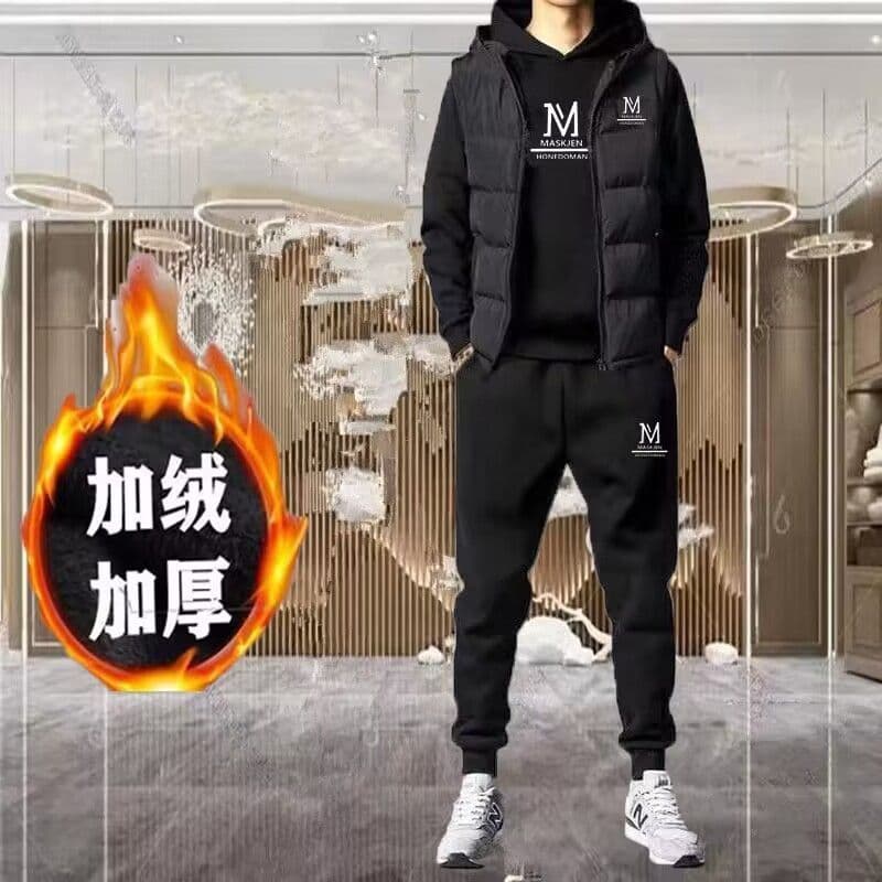 New Autumn/Winter Men's Vest Three-Piece Set, Youth Casual Sportswear, Plus Size Hoodie with Fleece Lining Set