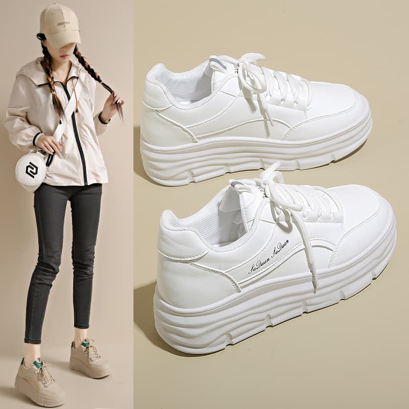 W3613 new leather women's shoes 2024 autumn white shoes thick soles with increased height fashion casual shoes sports sneakers