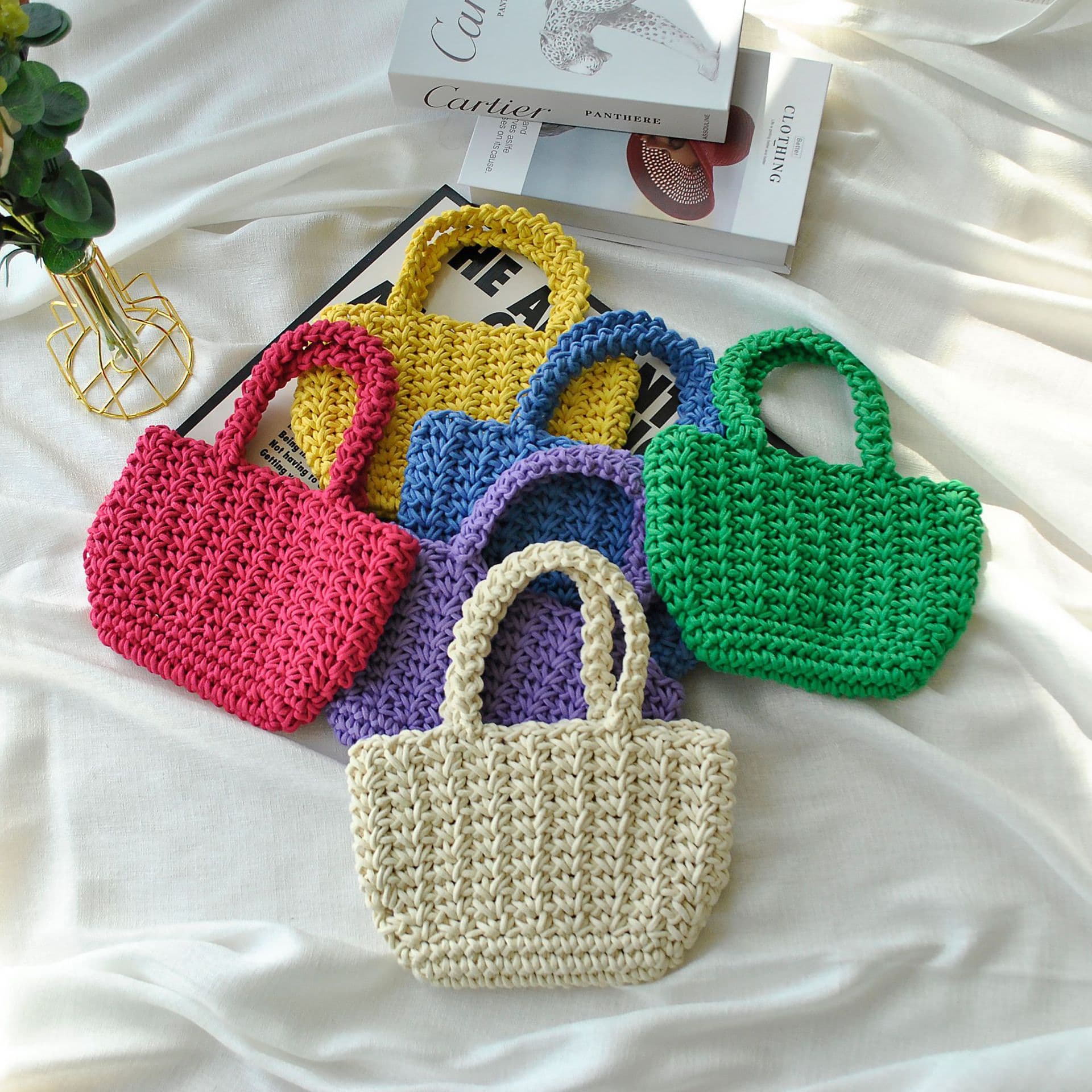 Ins-Style Cute Cotton Rope Woven Handbag Simple Handheld Straw Bag Vacation Beach Bag Versatile Women's Bag