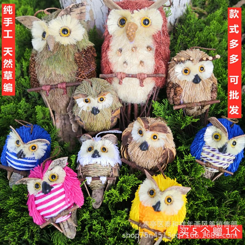 Straw owl factory direct multiple styles craft hanging ornament, rustic style simulated animal