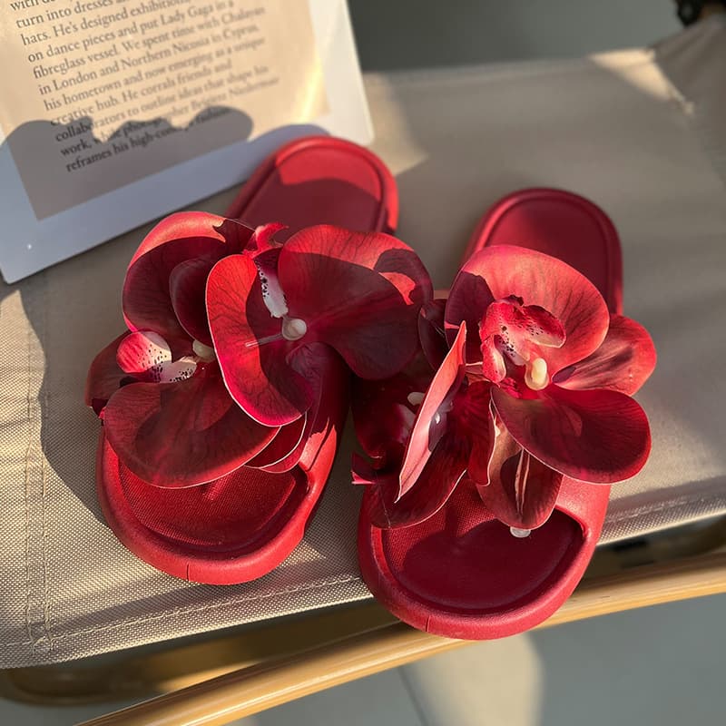 Red Flower Zodiac Year Cloud-Like Comfort Sandals Summer Indoor Home Wedding Festive Couple Slippers
