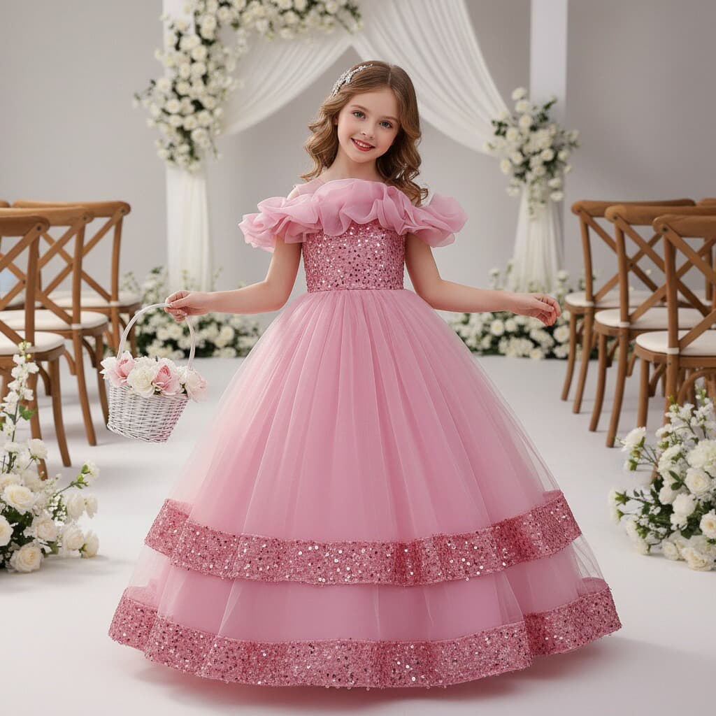 Foreign Trade Girls Long Formal Dress Off-Shoulder Tulle Gown Wedding Princess Dress Cross-Border Children's Performance Dress