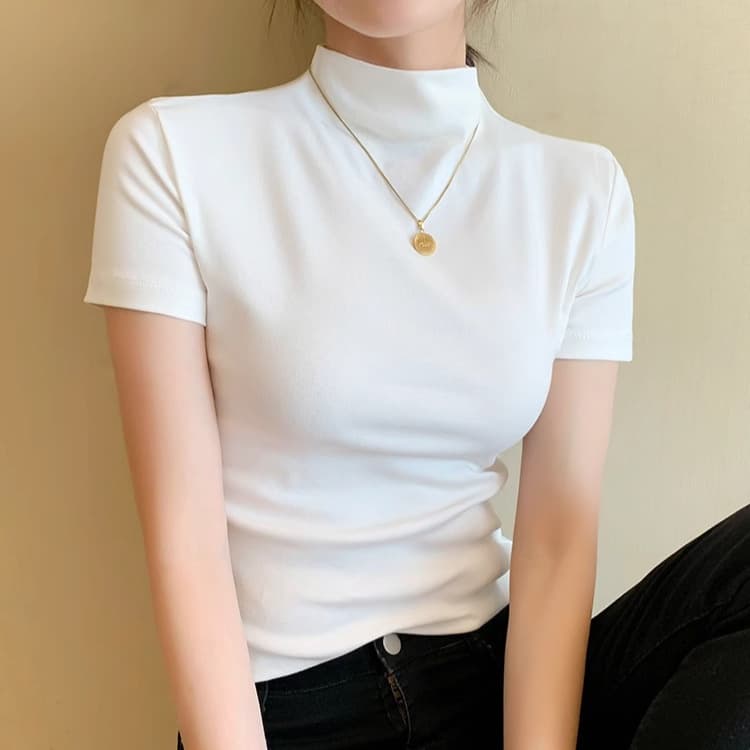 Women's Half Turtleneck Short-Sleeve Base Tee, Spring Summer Autumn Thin Pure Cotton T-Shirt, Slim Fit Elegant Short-Sleeve Top