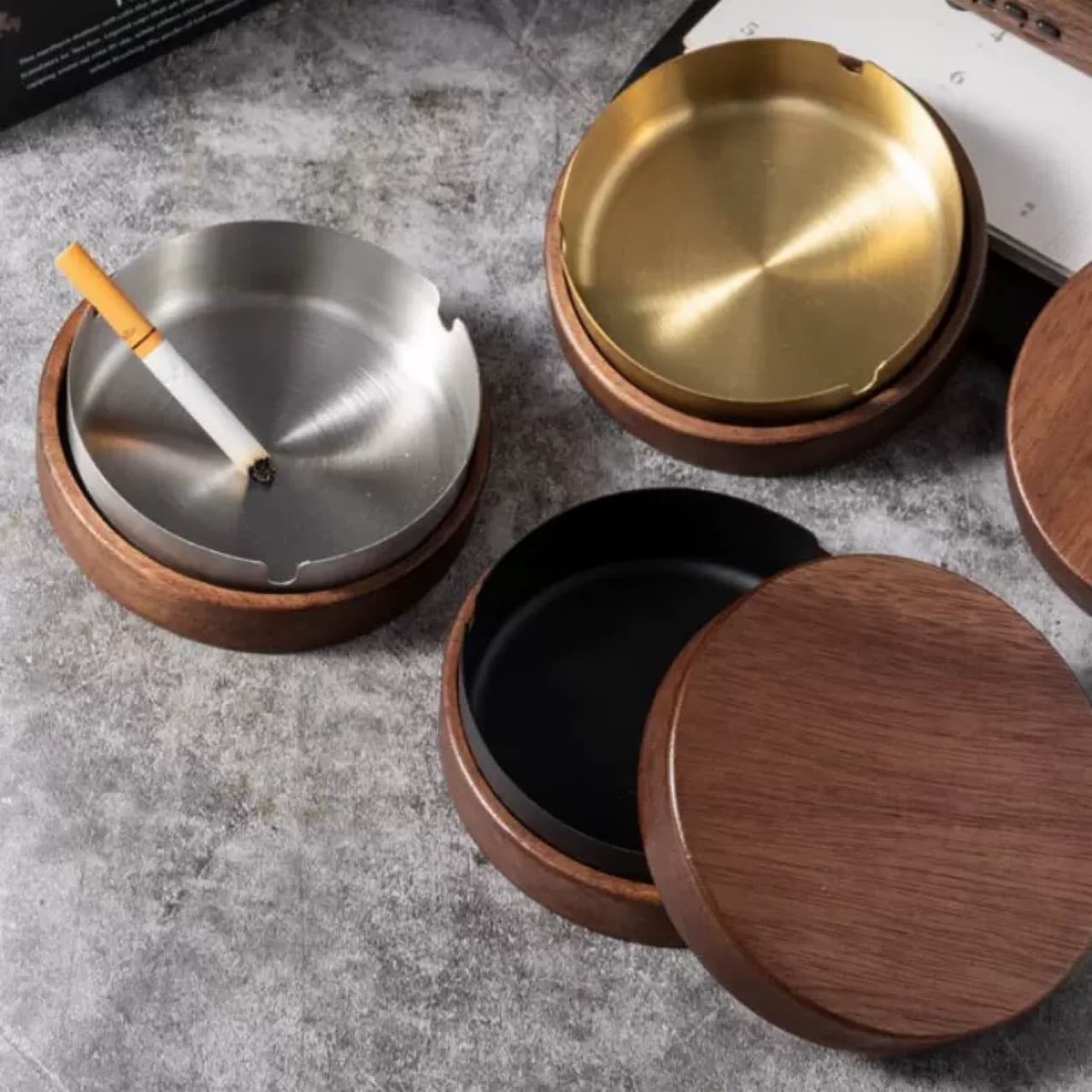 Walnut Wood Lidded Ashtrays, Anti-Fly Ash, Stainless Steel, Home Use, Vintage Style for Living Room, Bedroom, Coffee Table, Nordic Retro Gray