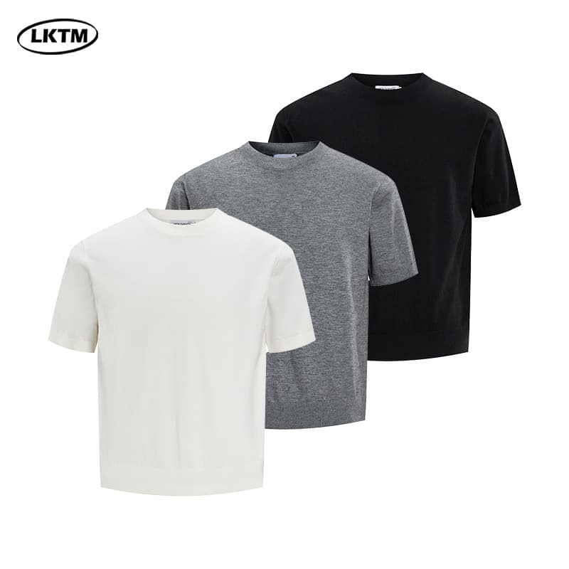 LKTM Men's American Vintage Old Money Style Knit Crew Neck Short Sleeve Unisex Loose Solid Brushed Ribbed T-Shirt