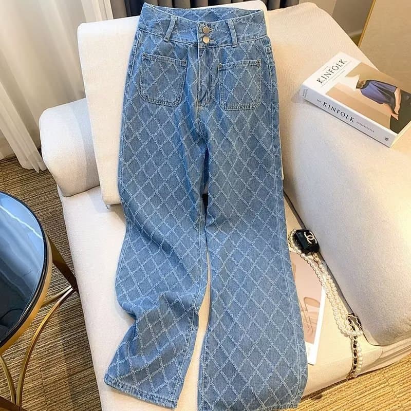 Trendy Plus Size High-Waisted Jeans For Women 2024 New Japanese Plaid Style Lightweight Summer Pants Youth Fashion